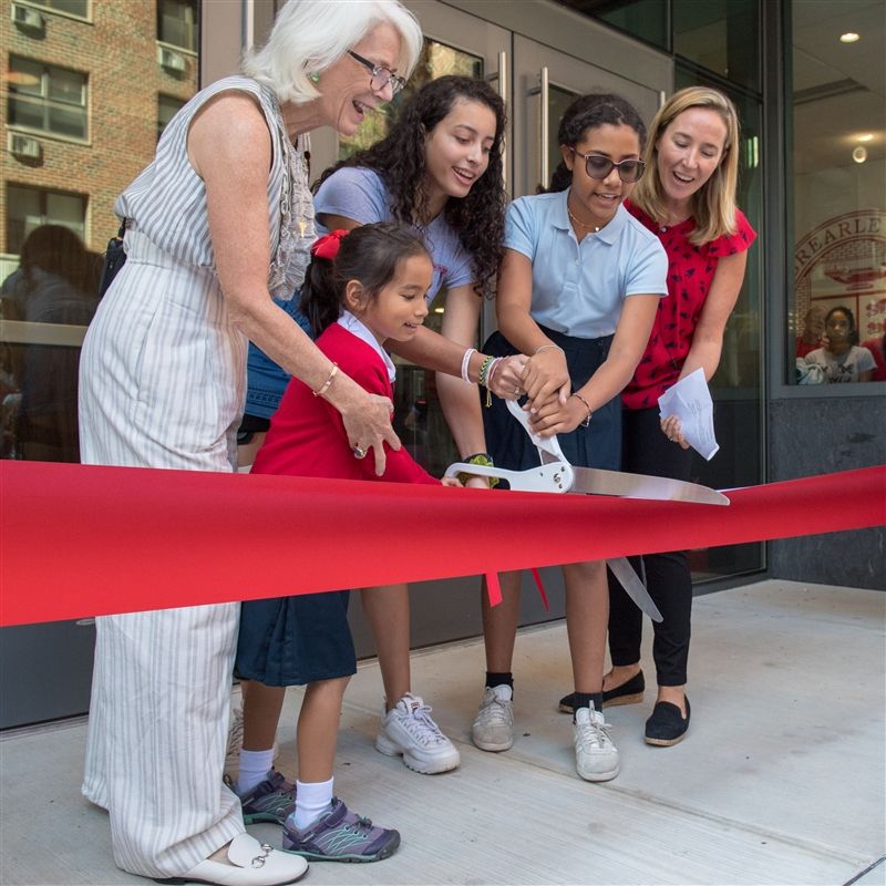 Brearley Head Jane Foley Fried and student at ribbon-cutting